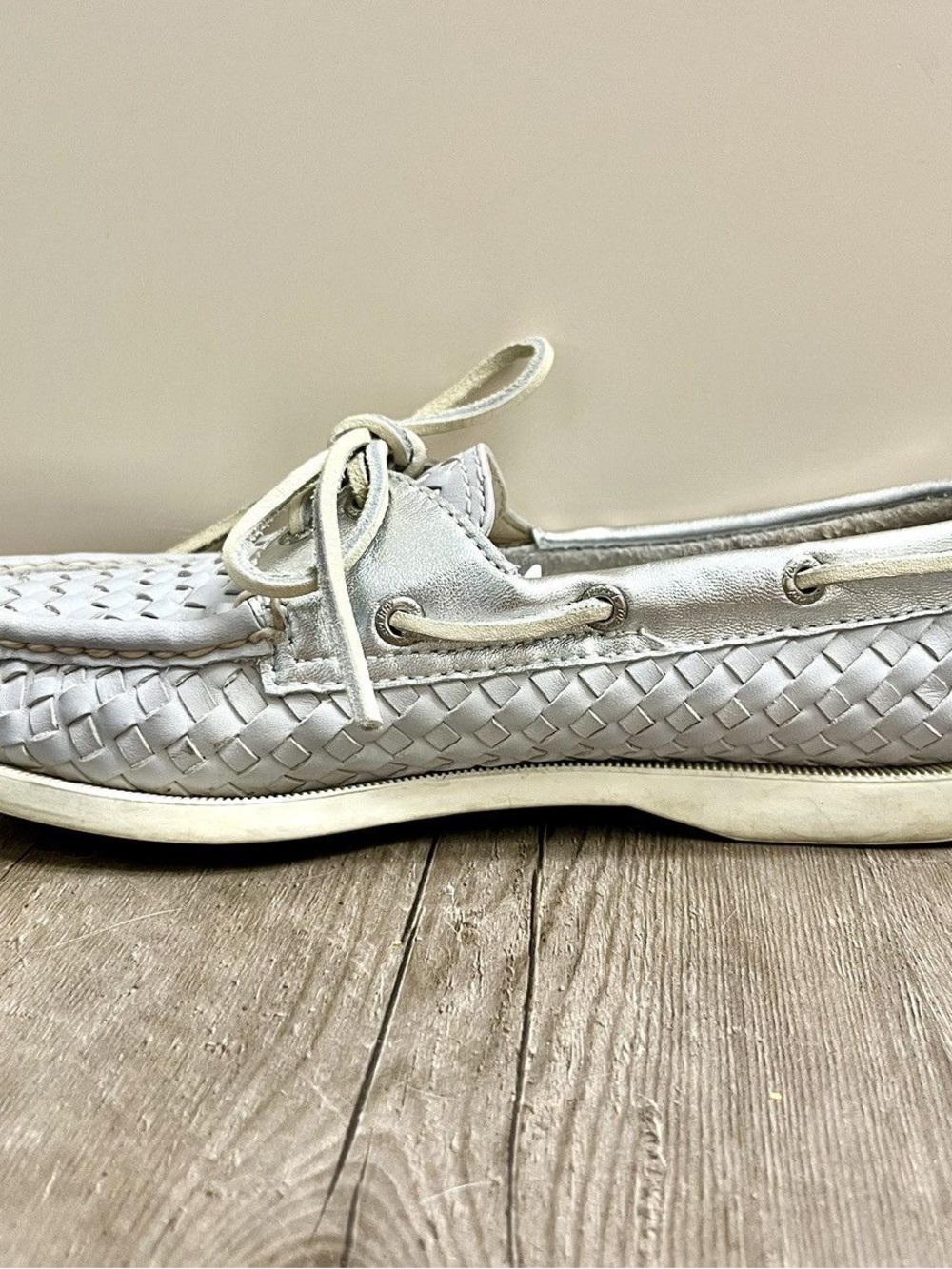 Sperry Silver & Grey Woven Leather Boat Shoes - Picture 4 of 8